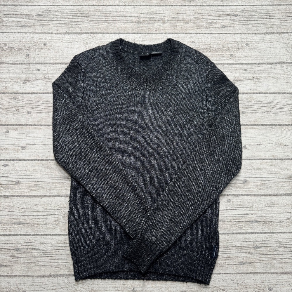 Armani Exchange Sweater Men's Small Gray Marl Knit V-Neck Long Sleeve Pullover